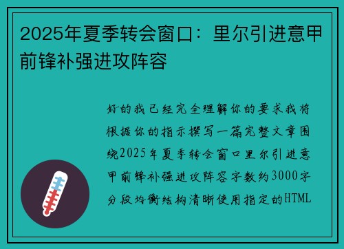 2025年夏季转会窗口：里尔引进意甲前锋补强进攻阵容